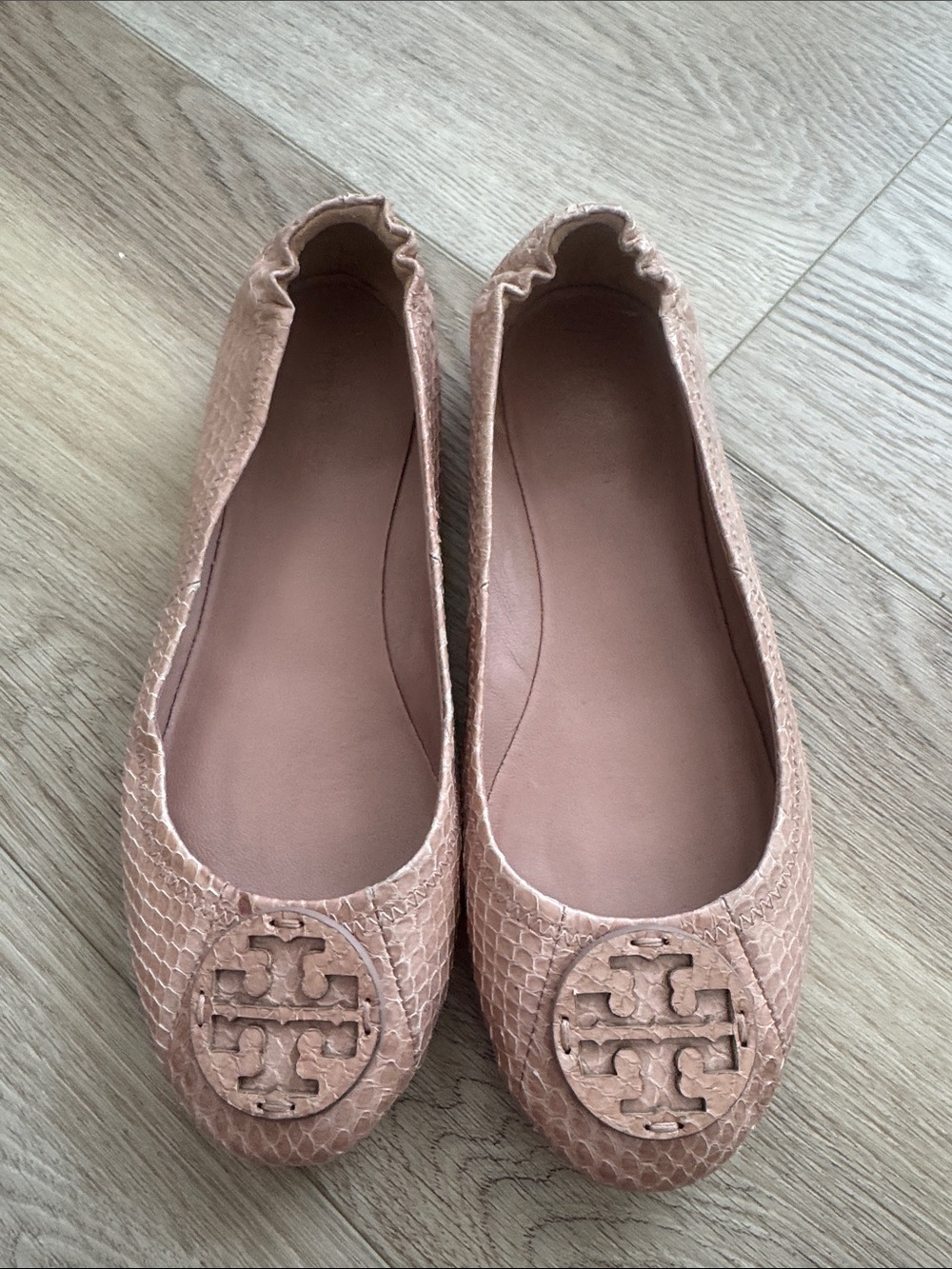 Tory Burch Pink Taupe Snake-Embossed Logo Ballet Flats
